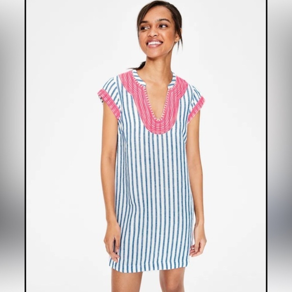 Boden Women's Striped Shift Dress Blue Coral Accents